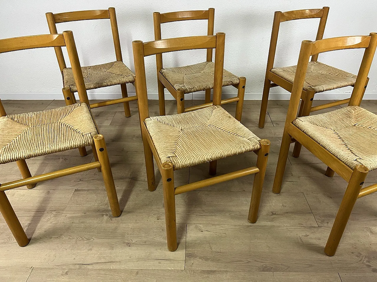 6 Ash wood chairs and straw seat by Ibisco, 1970s 3