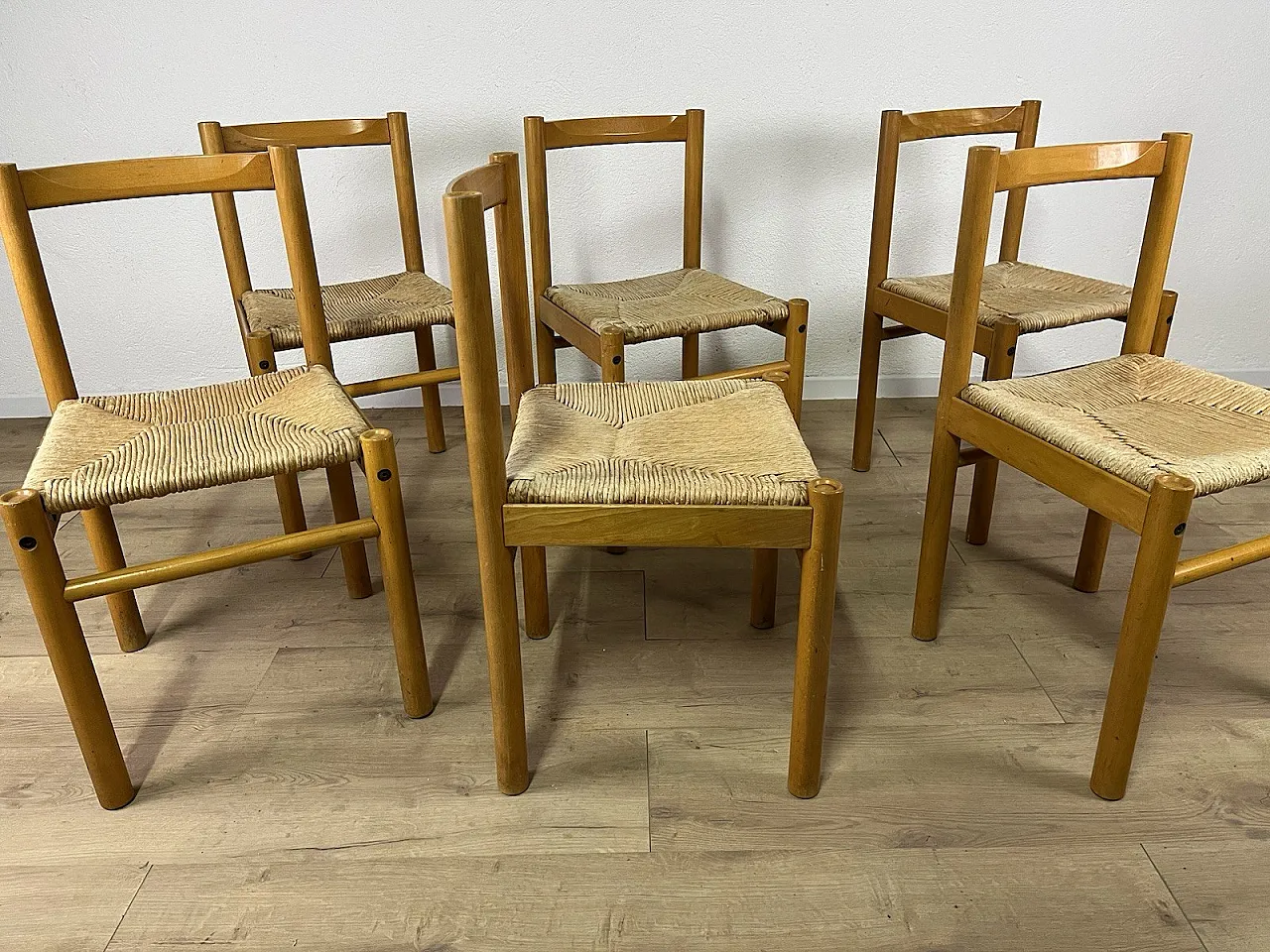 6 Ash wood chairs and straw seat by Ibisco, 1970s 4