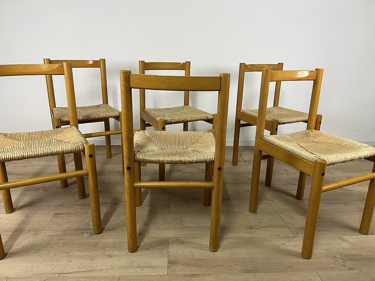 6 Ash wood chairs and straw seat by Ibisco, 1970s 5