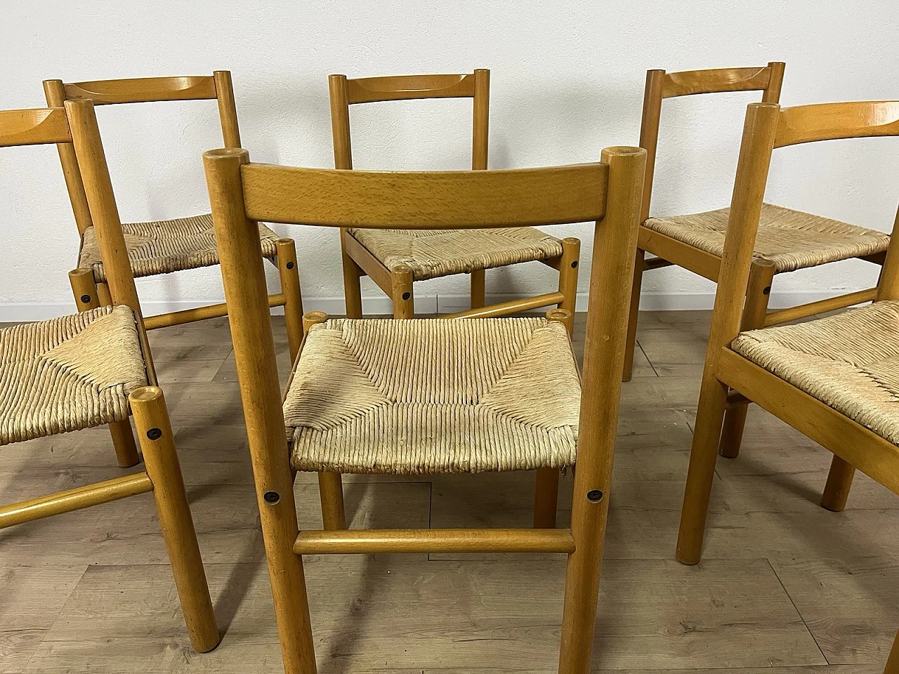6 Ash wood chairs and straw seat by Ibisco, 1970s 6