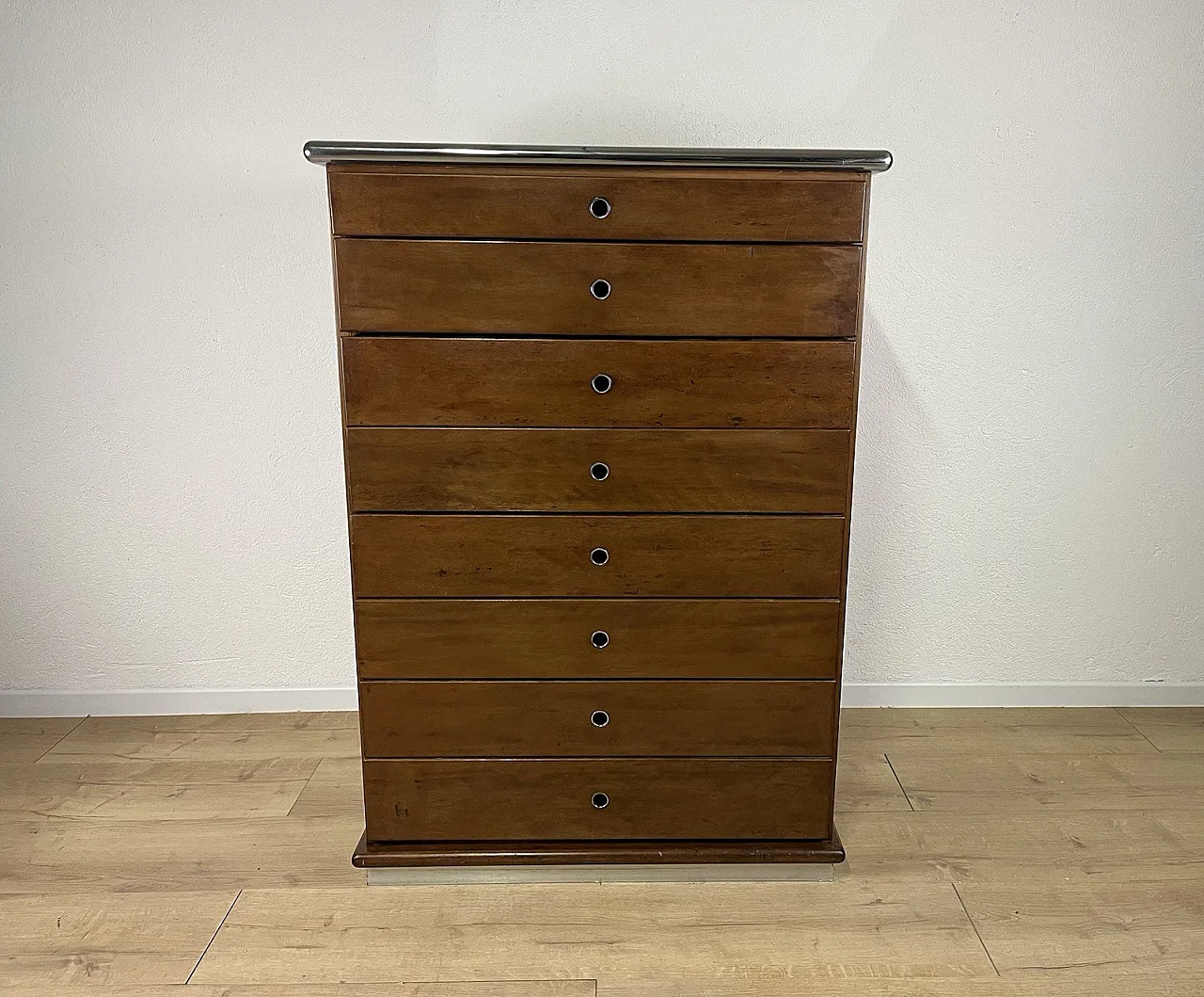 Cassettiera in legno, acciaio e vetro fumé, anni '60 1