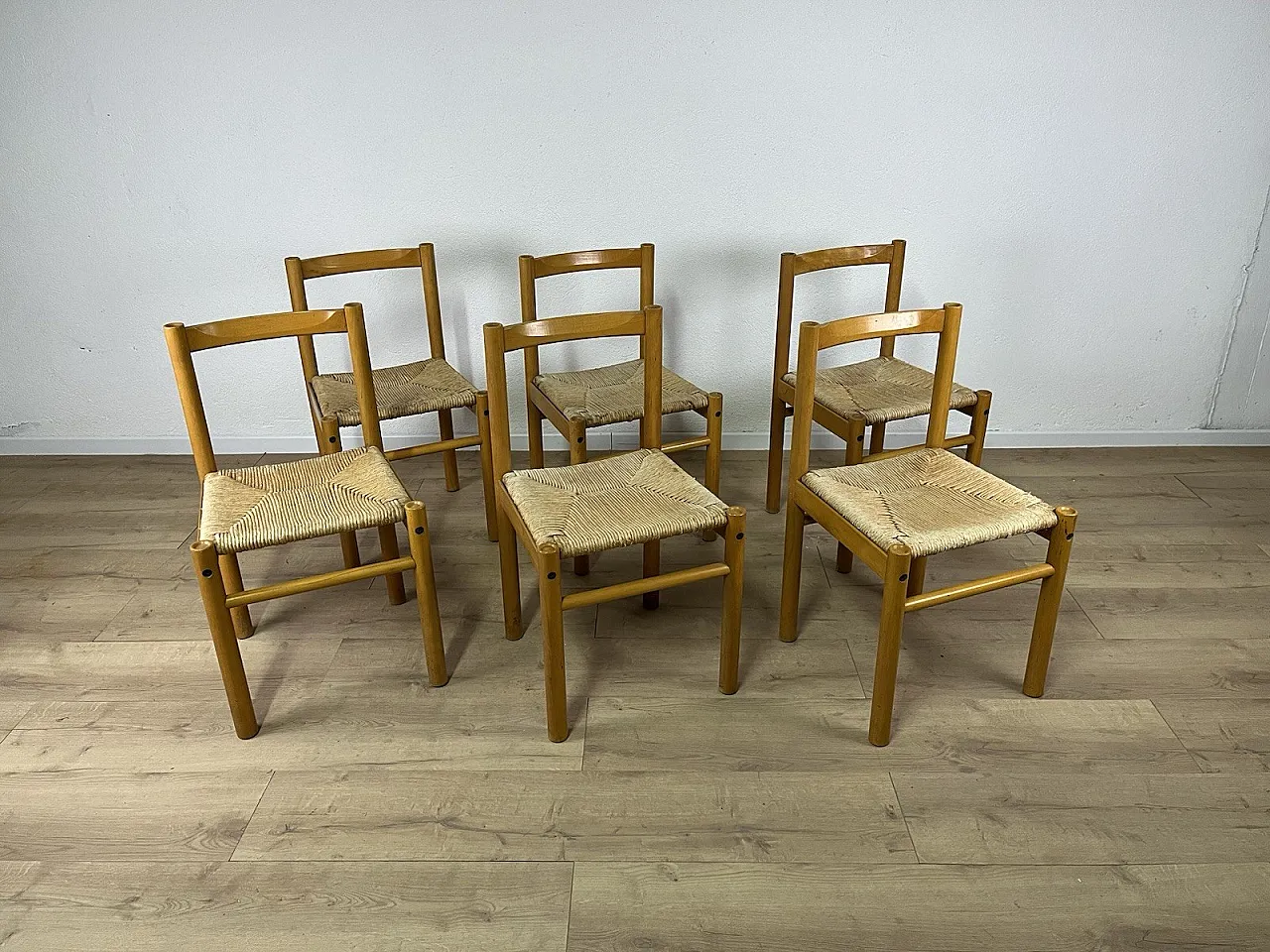 6 Ash wood chairs and straw seat by Ibisco, 1970s 9