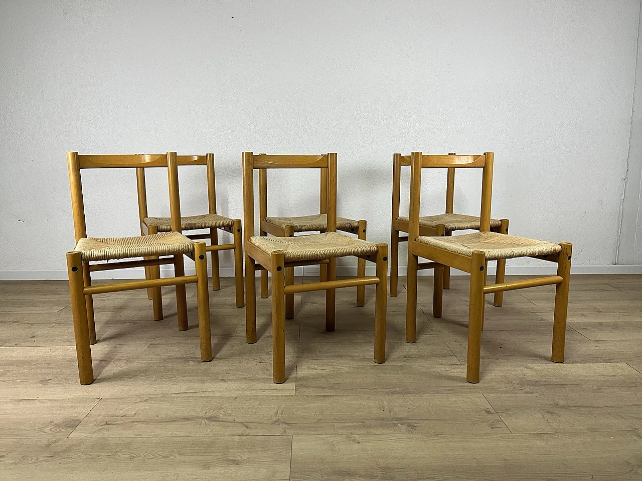 6 Ash wood chairs and straw seat by Ibisco, 1970s 10