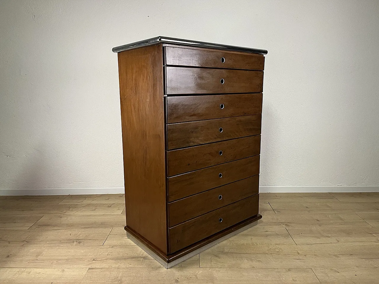 Cassettiera in legno, acciaio e vetro fumé, anni '60 8