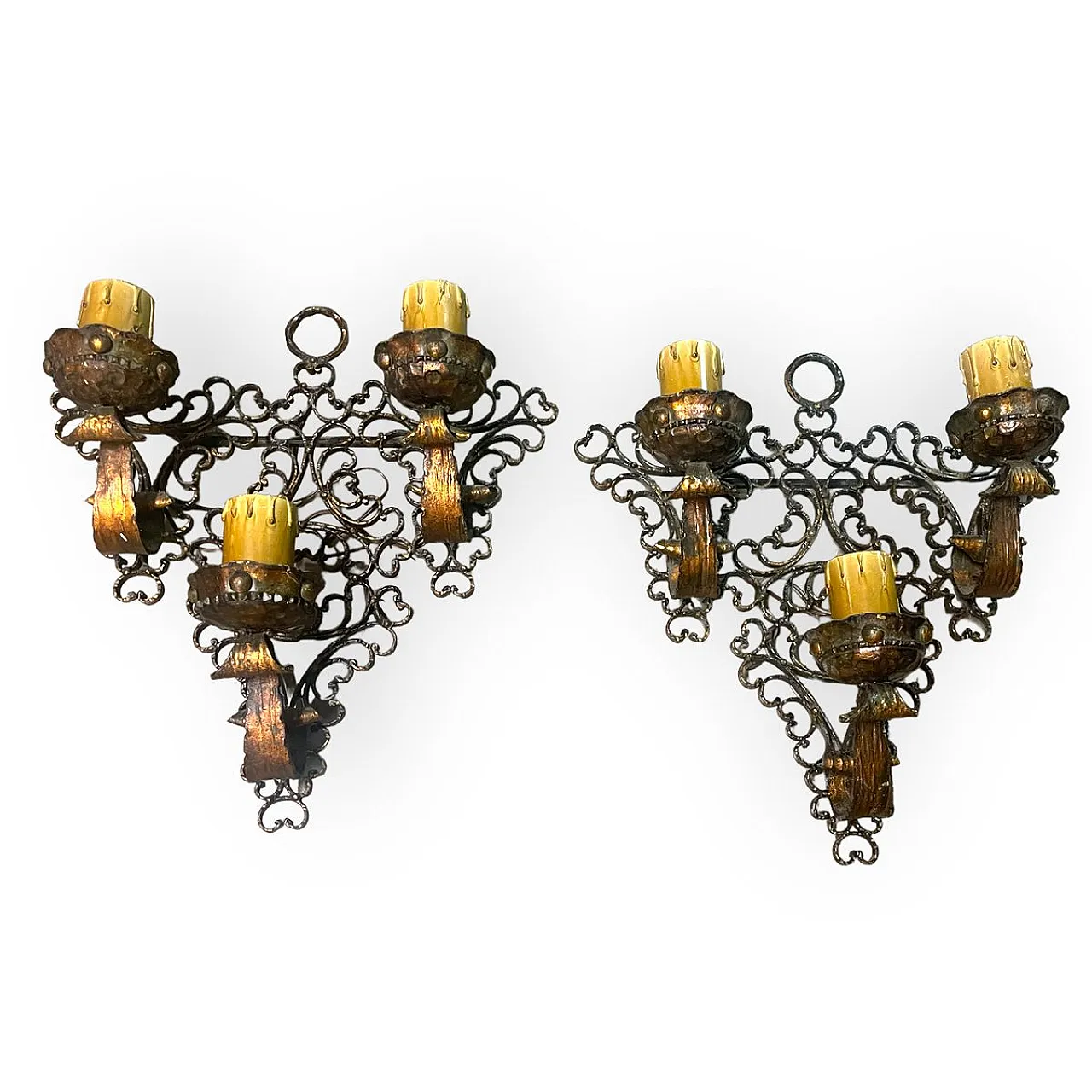 Pair of  wrought iron wall lights, 1980s 1
