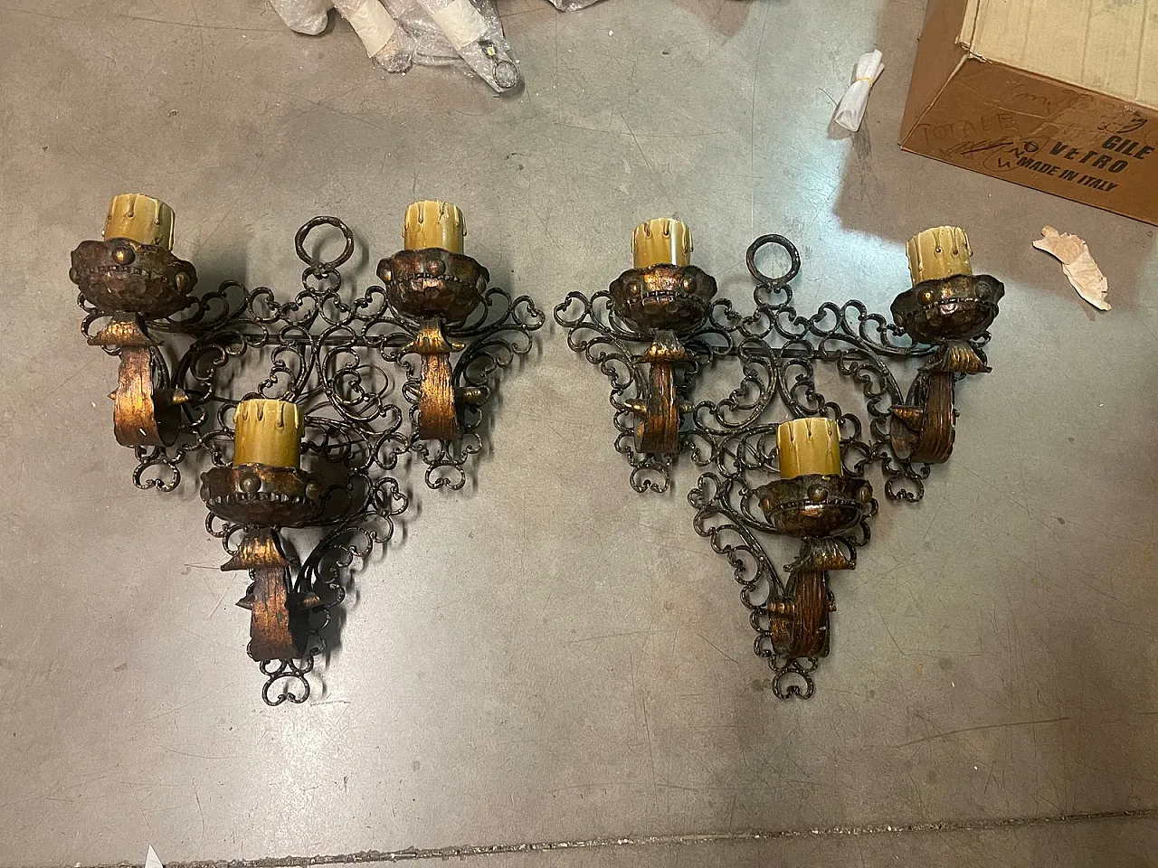 Pair of  wrought iron wall lights, 1980s 2