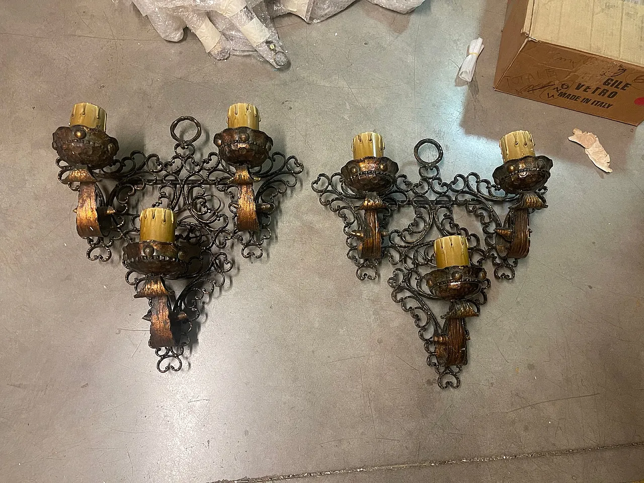Pair of  wrought iron wall lights, 1980s 4
