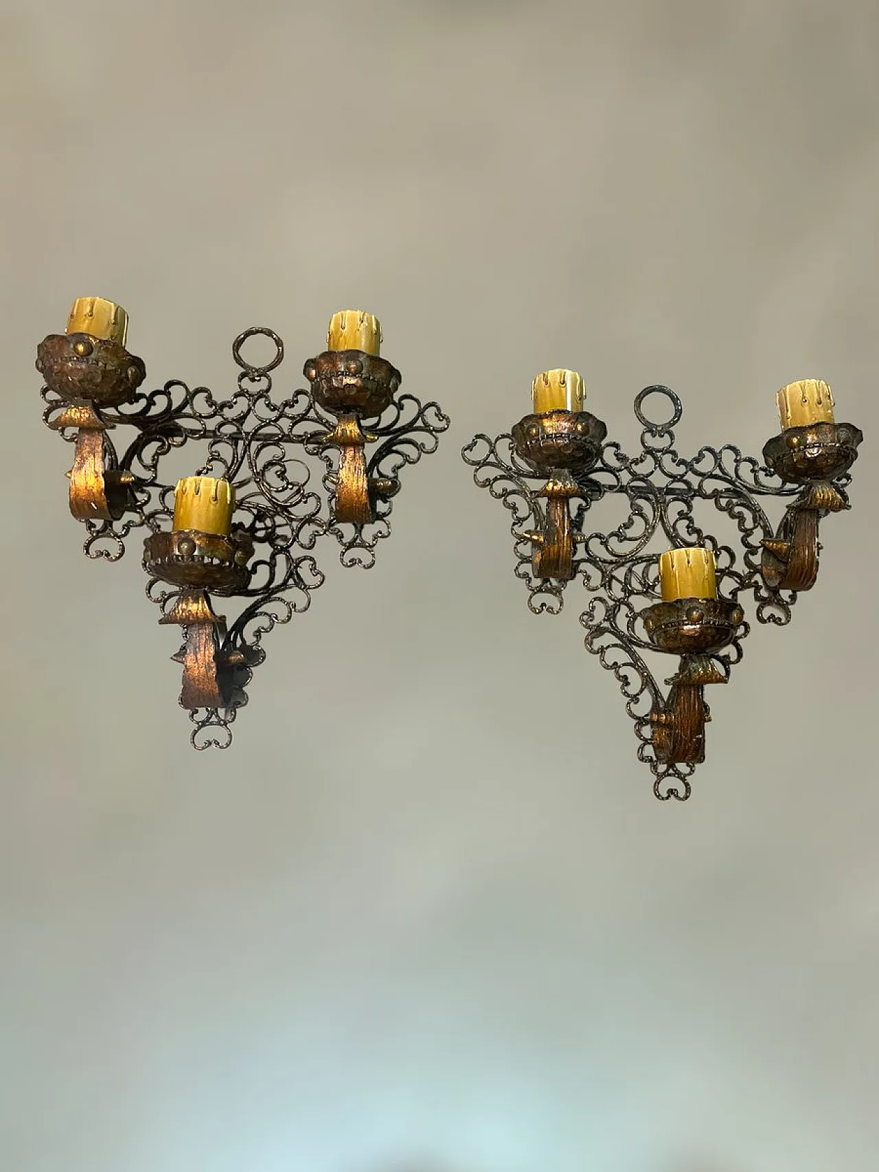 Pair of  wrought iron wall lights, 1980s 7