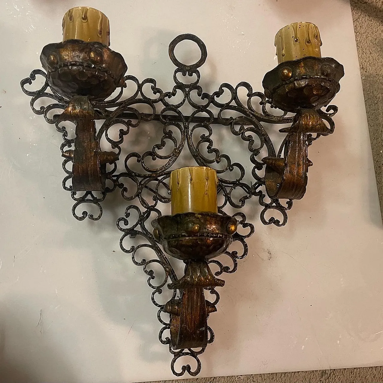 Pair of  wrought iron wall lights, 1980s 8