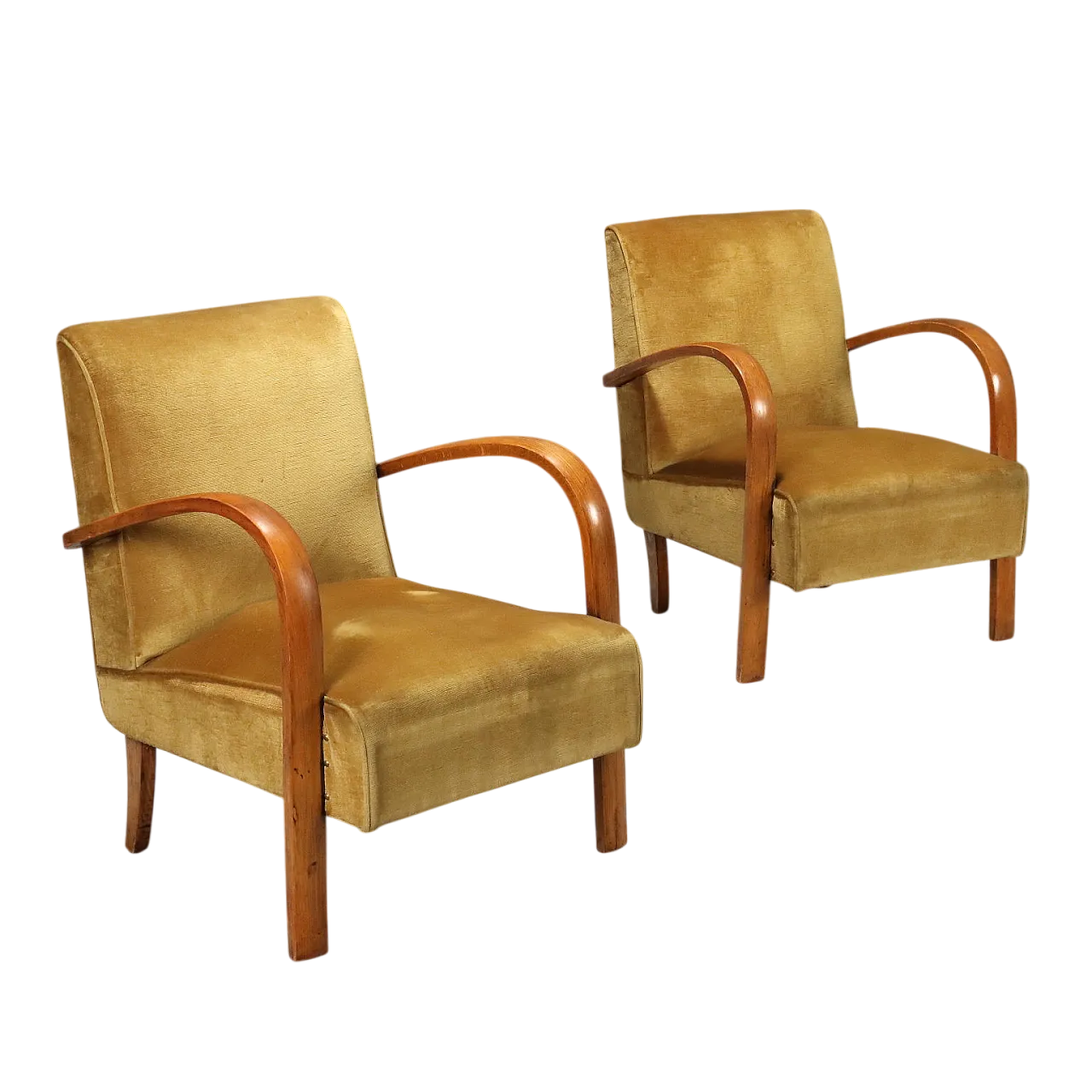 Coppia di poltrone con braccioli in legno curvato a vista, '900 10