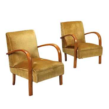 Coppia di poltrone con braccioli in legno curvato a vista, '900