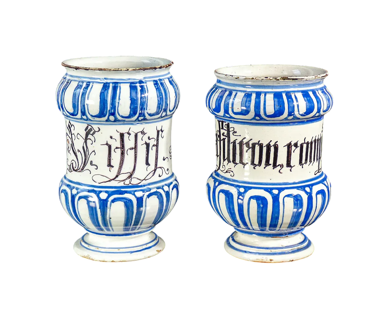 Coppia di albarelli a rocchetto in ceramica dipinta a mano, '700 7