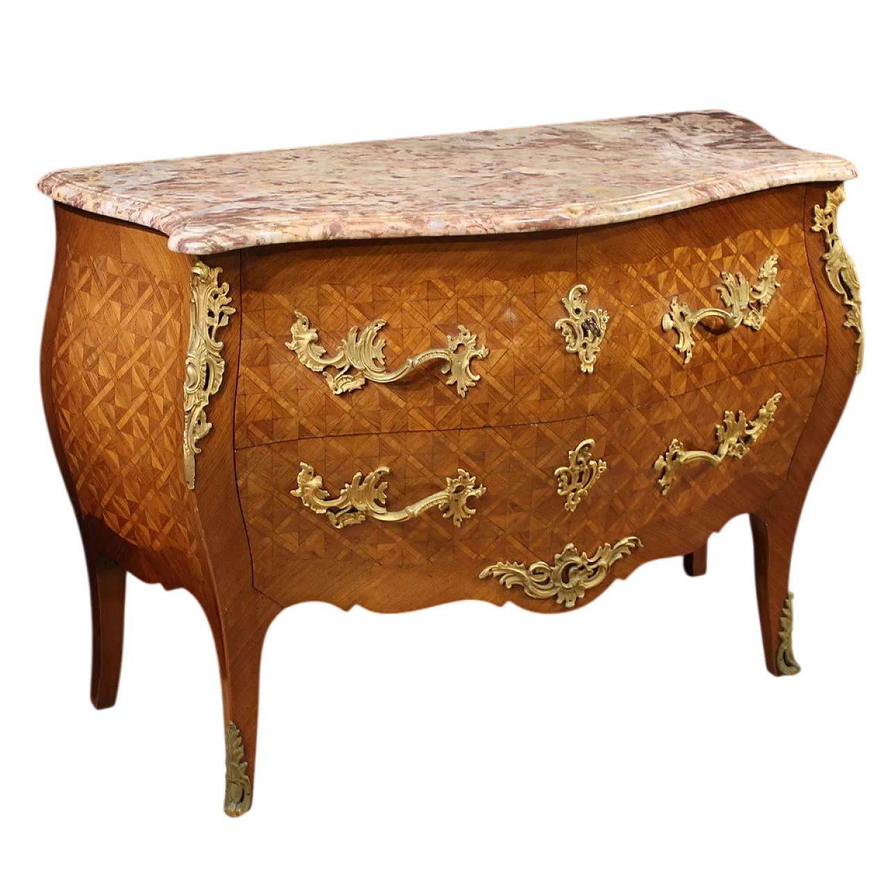 Comò francese intarsiato con piano in marmo, '900 13