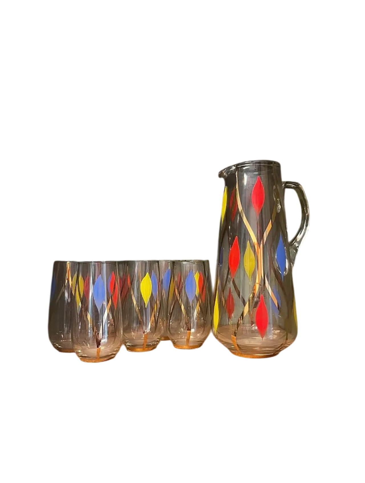 Brocca in vetro con 8 bicchieri, anni '50 9