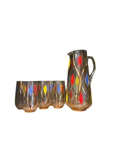 Brocca in vetro con 8 bicchieri, anni '50
