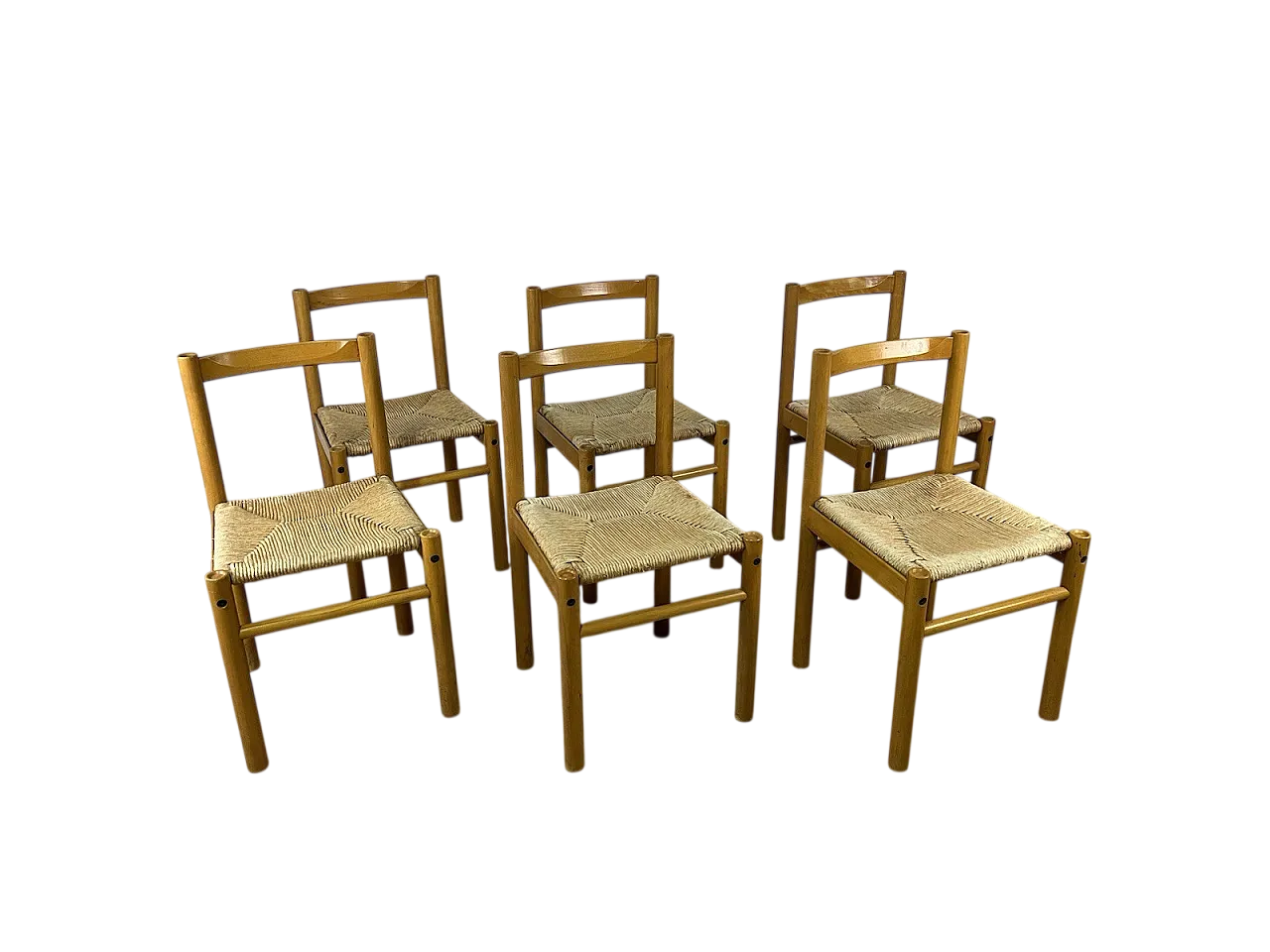 6 Ash wood chairs and straw seat by Ibisco, 1970s 11