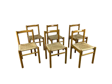 6 Sedie in legno di frassino e seduta in paglia di Ibisco, anni '70