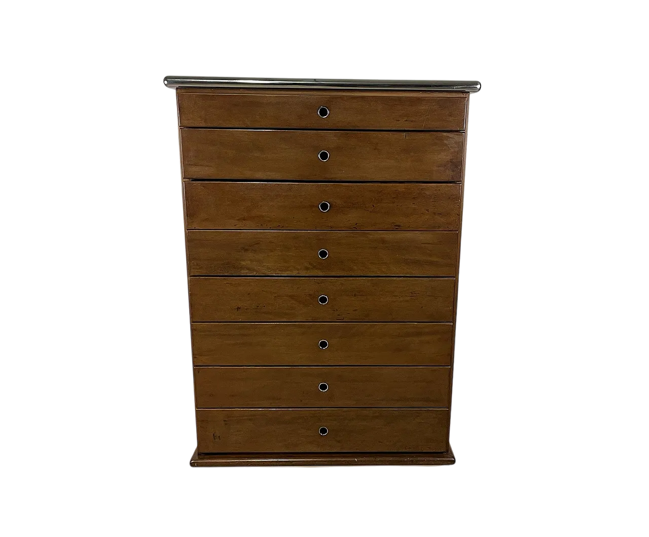 Cassettiera in legno, acciaio e vetro fumé, anni '60 12