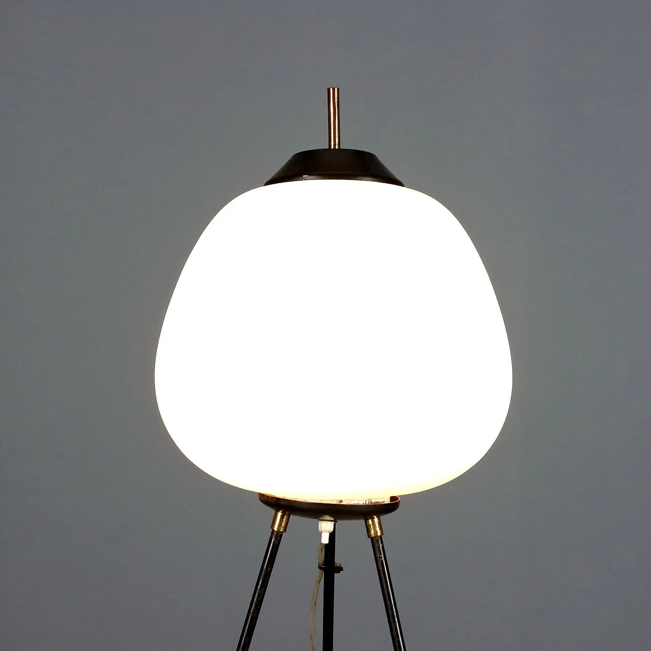 Lampada da terra in metallo smaltato nero e vetro opalino, '900 3