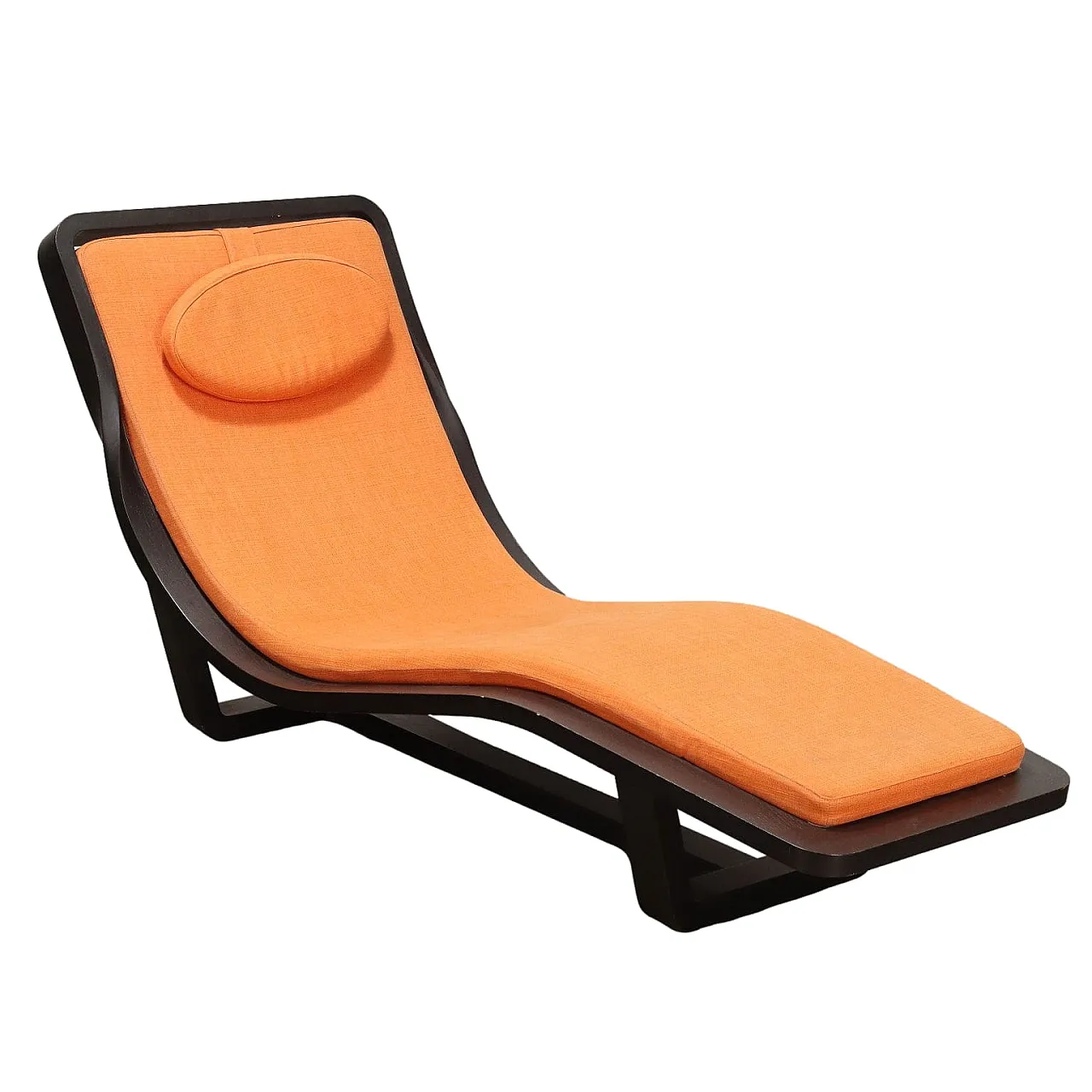Chaise longue in tinted solid wood & orange fabric, 1970s 1