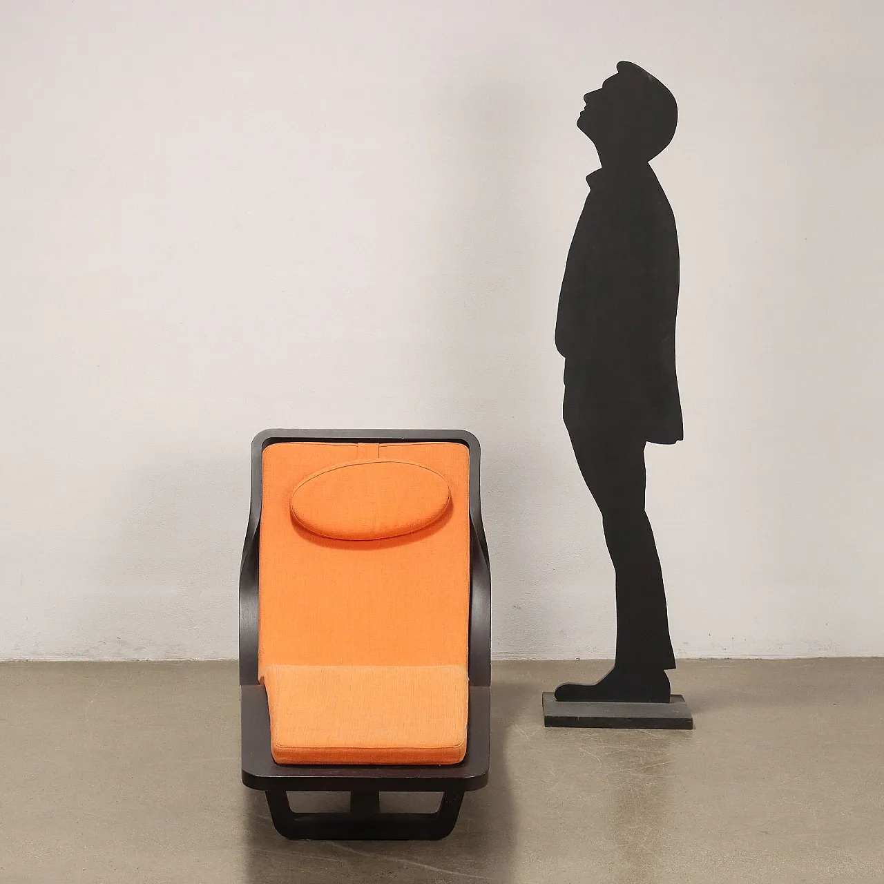 Chaise longue in tinted solid wood & orange fabric, 1970s 2