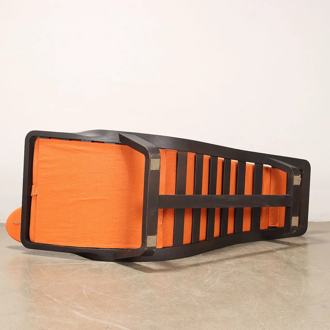 Chaise longue in tinted solid wood & orange fabric, 1970s 9