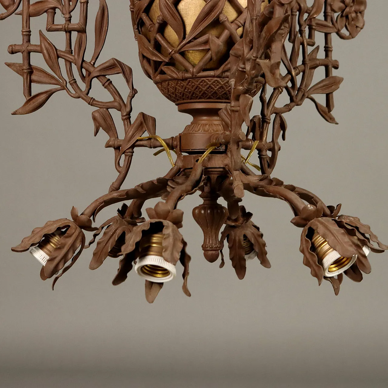 Lampadario pendente a Olio in ferro battuto e vetro, primi '900 3