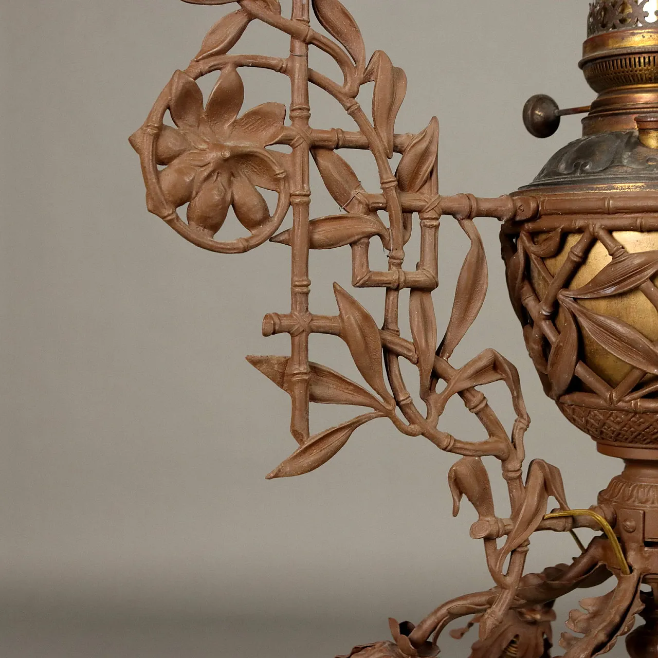 Lampadario pendente a Olio in ferro battuto e vetro, primi '900 6