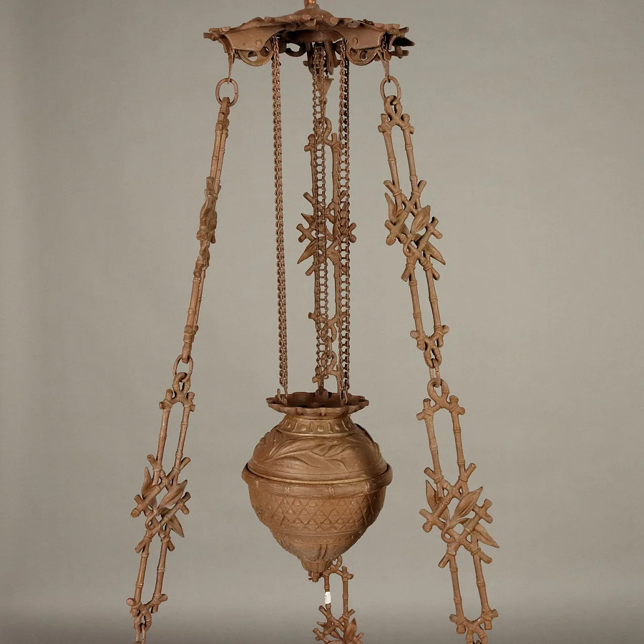 Lampadario pendente a Olio in ferro battuto e vetro, primi '900 9