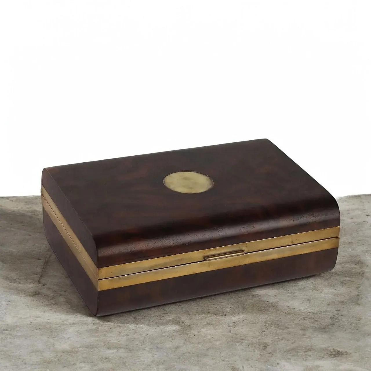 Cofanetto in acero e radica di noce con bordi in ottone, anni '80 2