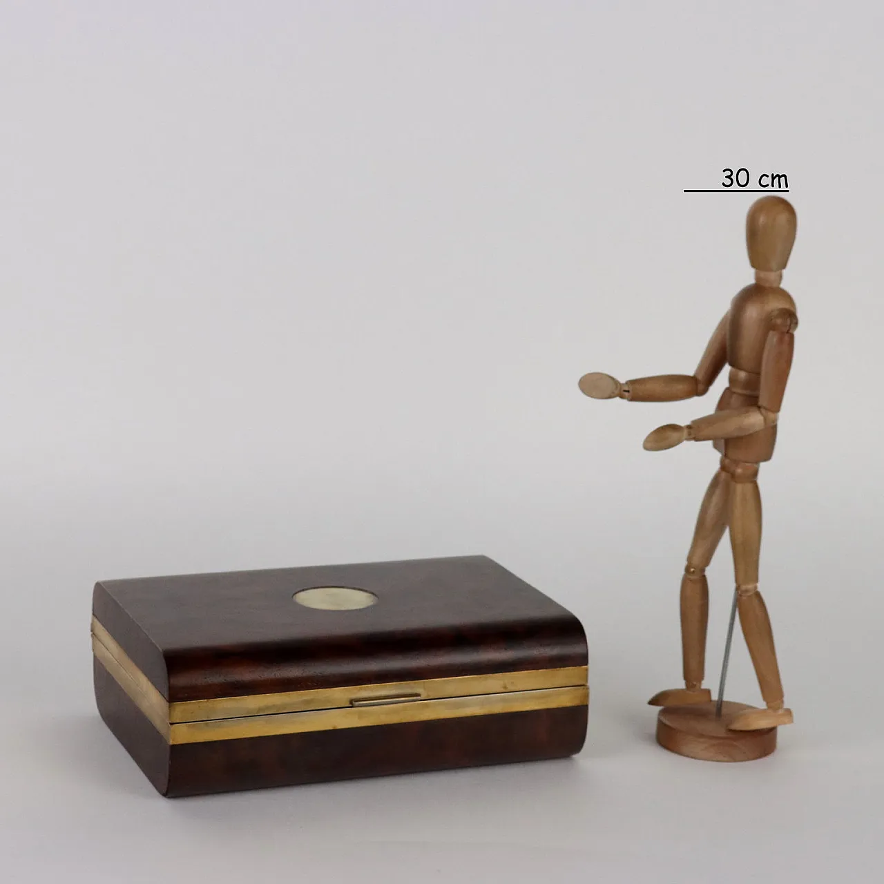 Cofanetto in acero e radica di noce con bordi in ottone, anni '80 3