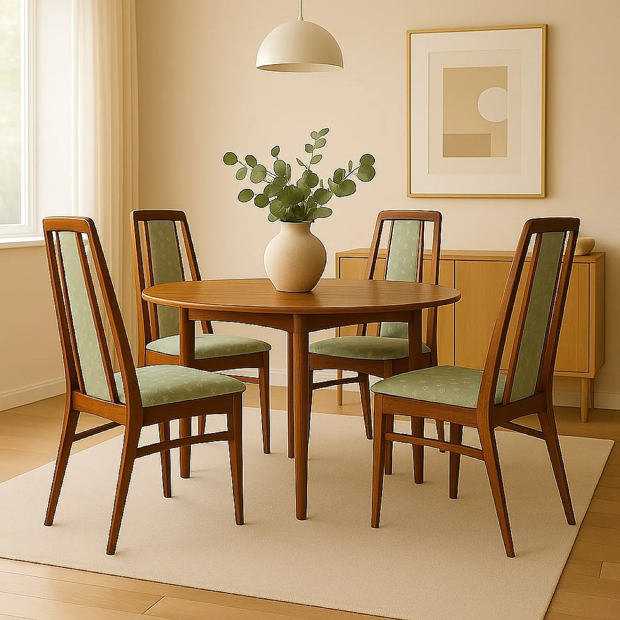 4 Sedie da pranzo in legno e tessuto, '900 2