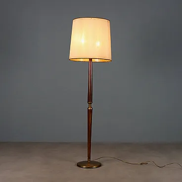 Lampada in legno tinto, ottone, tessuto/carta, '900