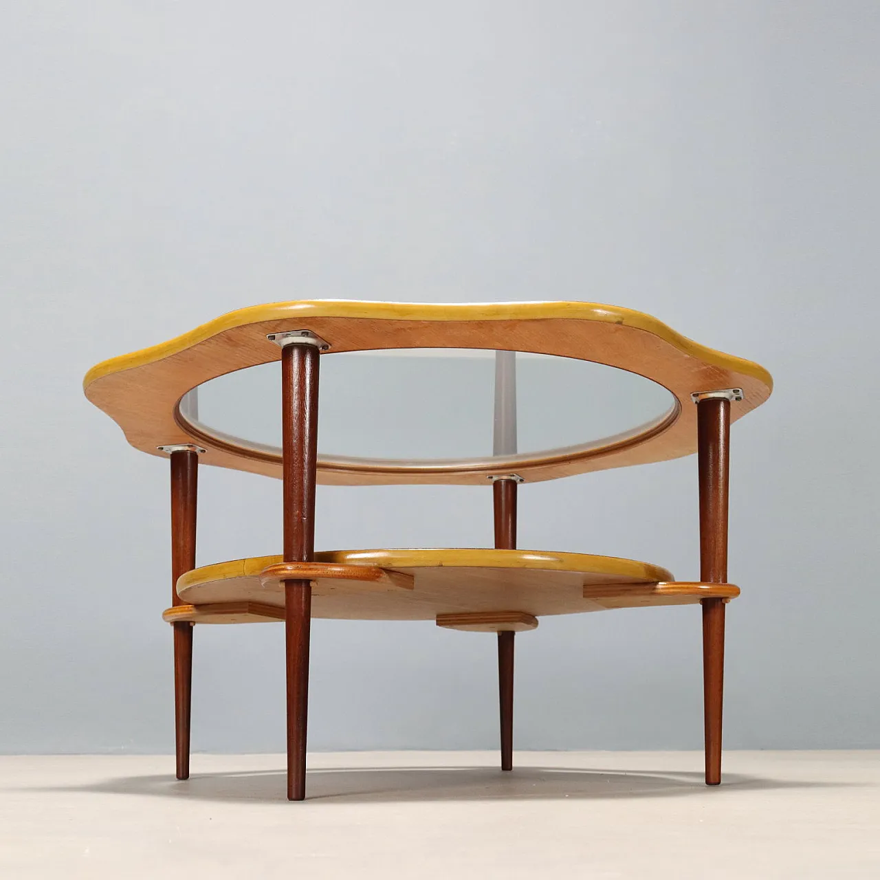 Tavolino con struttura in teak e piano circolare in vetro, '900 7