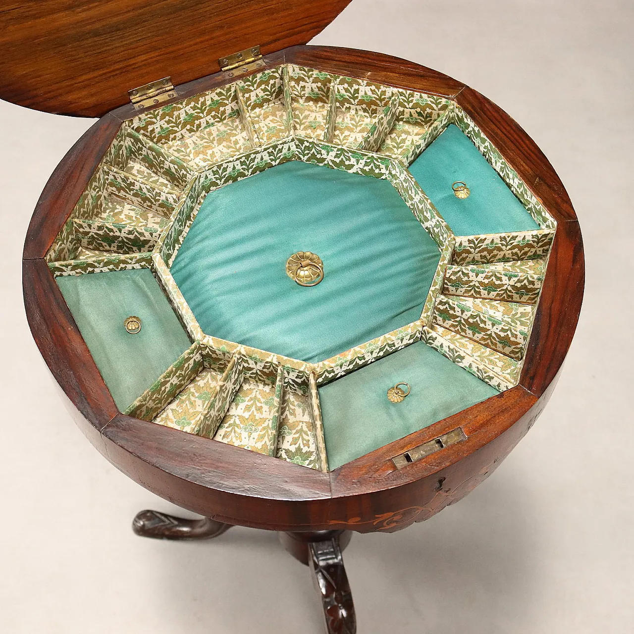 Tavolo da cucito in noce e legni vari, fine '800 5