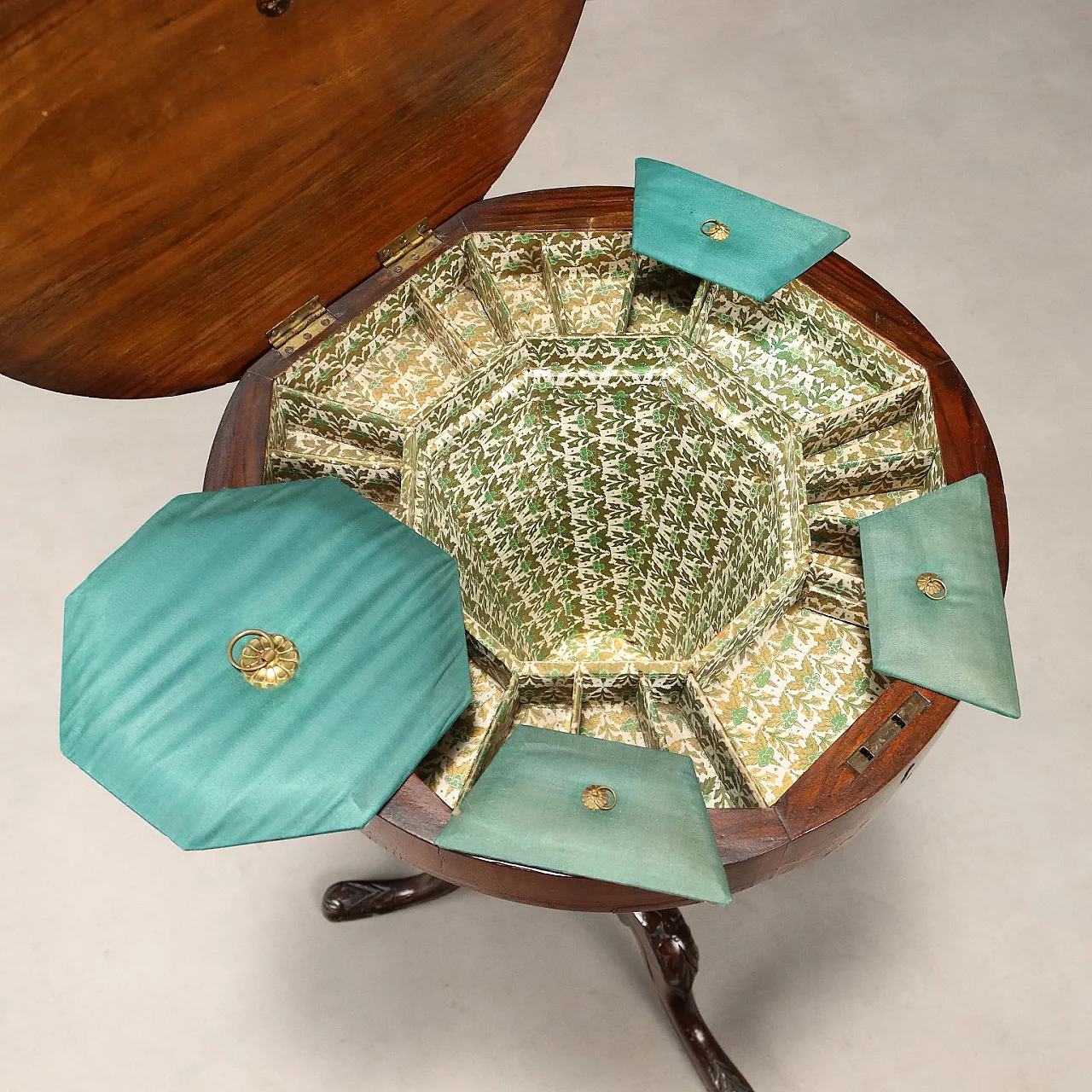 Tavolo da cucito in noce e legni vari, fine '800 6