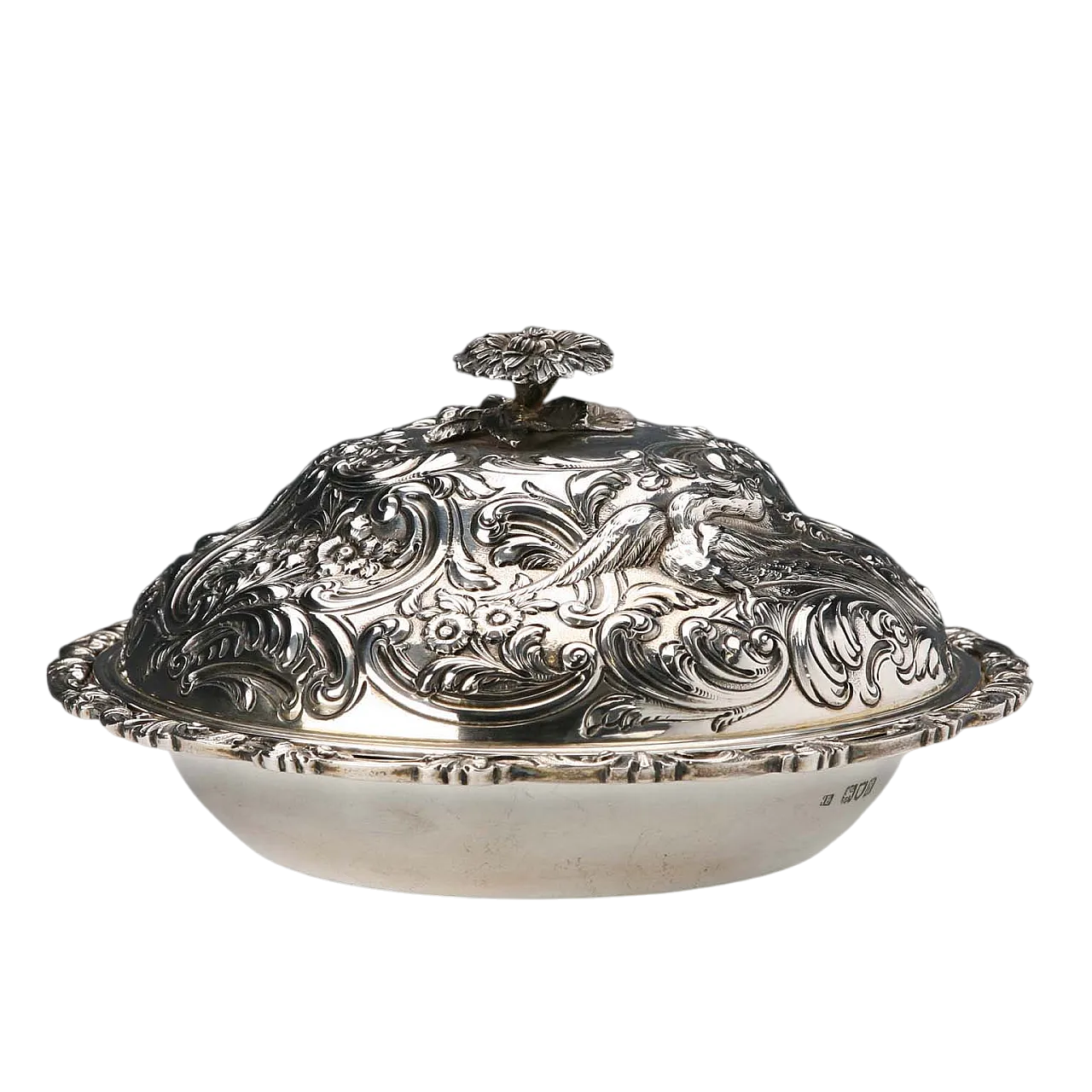 Ciotola in argento 925 con coperchio sbalzato e cesellato, '900 11
