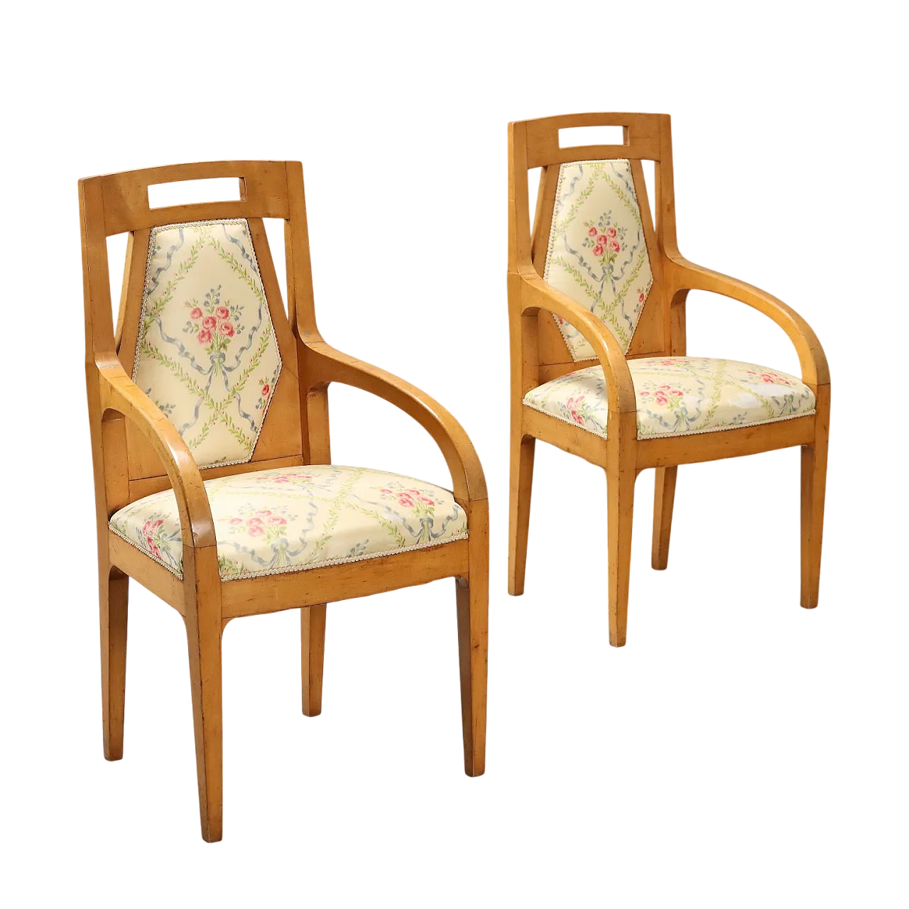 Coppia di poltrone in acero con schienali e sedili imbottiti, '800 10