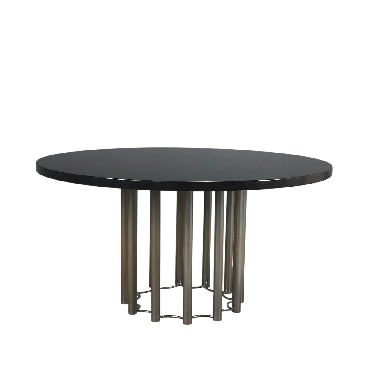 Tavolo con piano in legno laccato nero e gamba in metallo, '900 8