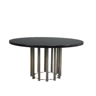 Tavolo con piano in legno laccato nero e gamba in metallo, '900