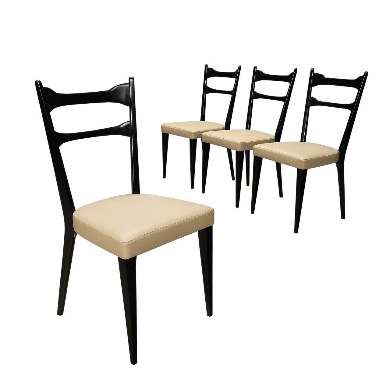 4 Sedie in legno di faggio tinto e skai tortora, '900 10