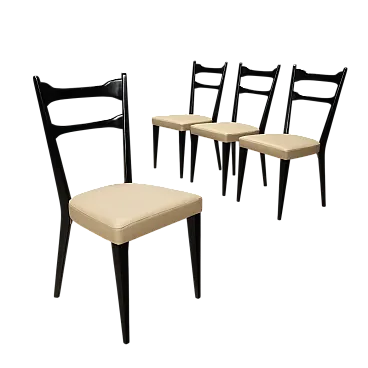 4 Sedie in legno di faggio tinto e skai tortora, '900