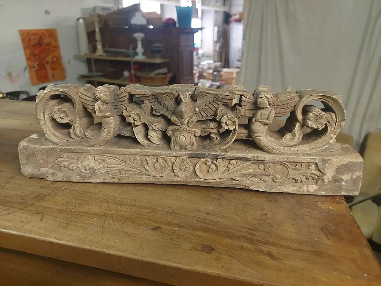 Sicilian cart fragment in carved wood, 19th century 3