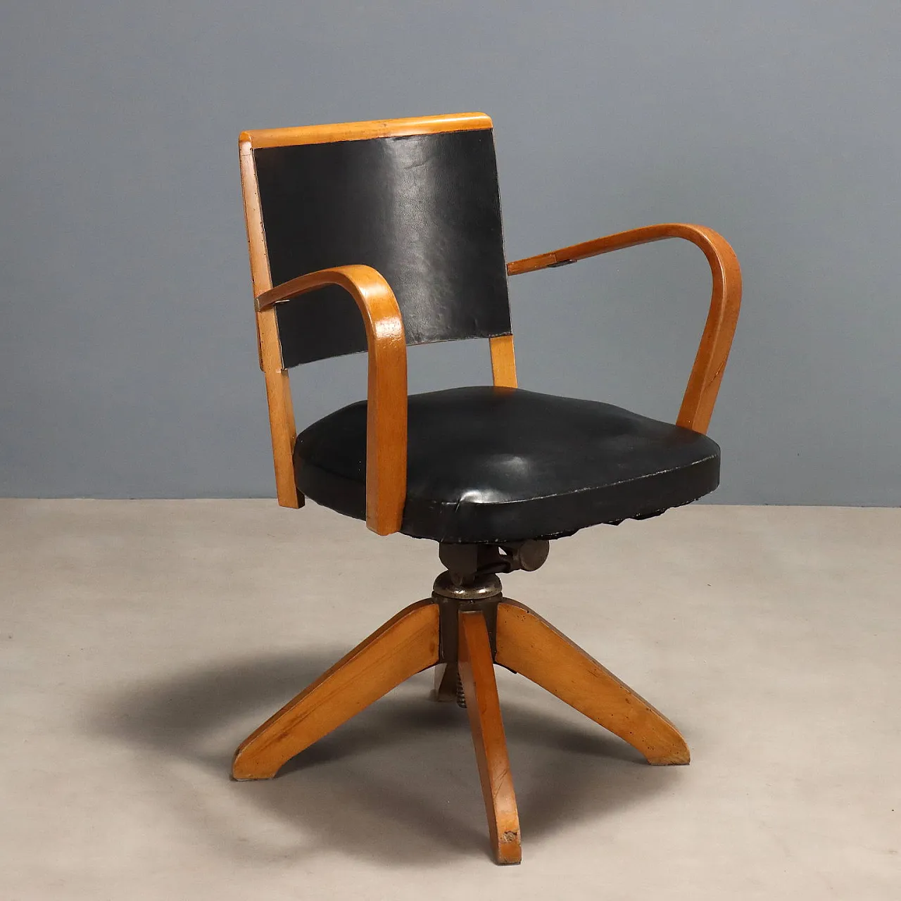 Black wood and faux leather swivel chair, 20th century 1