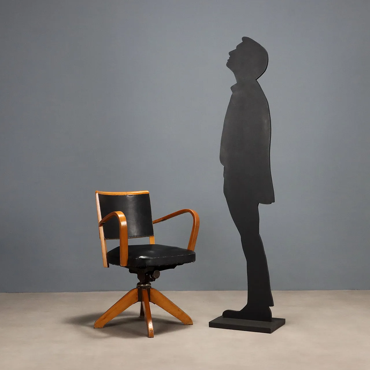 Black wood and faux leather swivel chair, 20th century 2