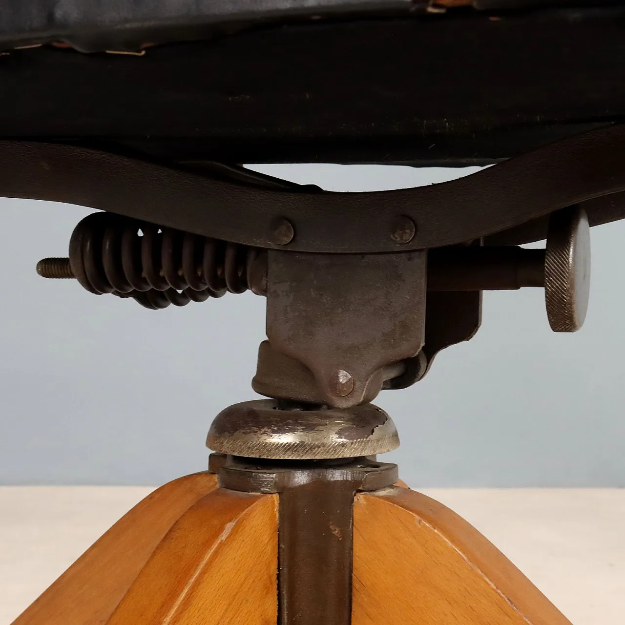 Black wood and faux leather swivel chair, 20th century 8