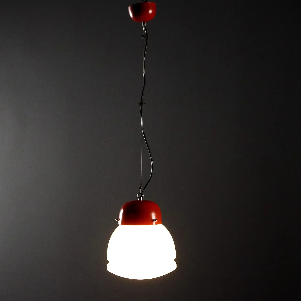Red enameled aluminum chandelier and glass diffuser, 20th century 1