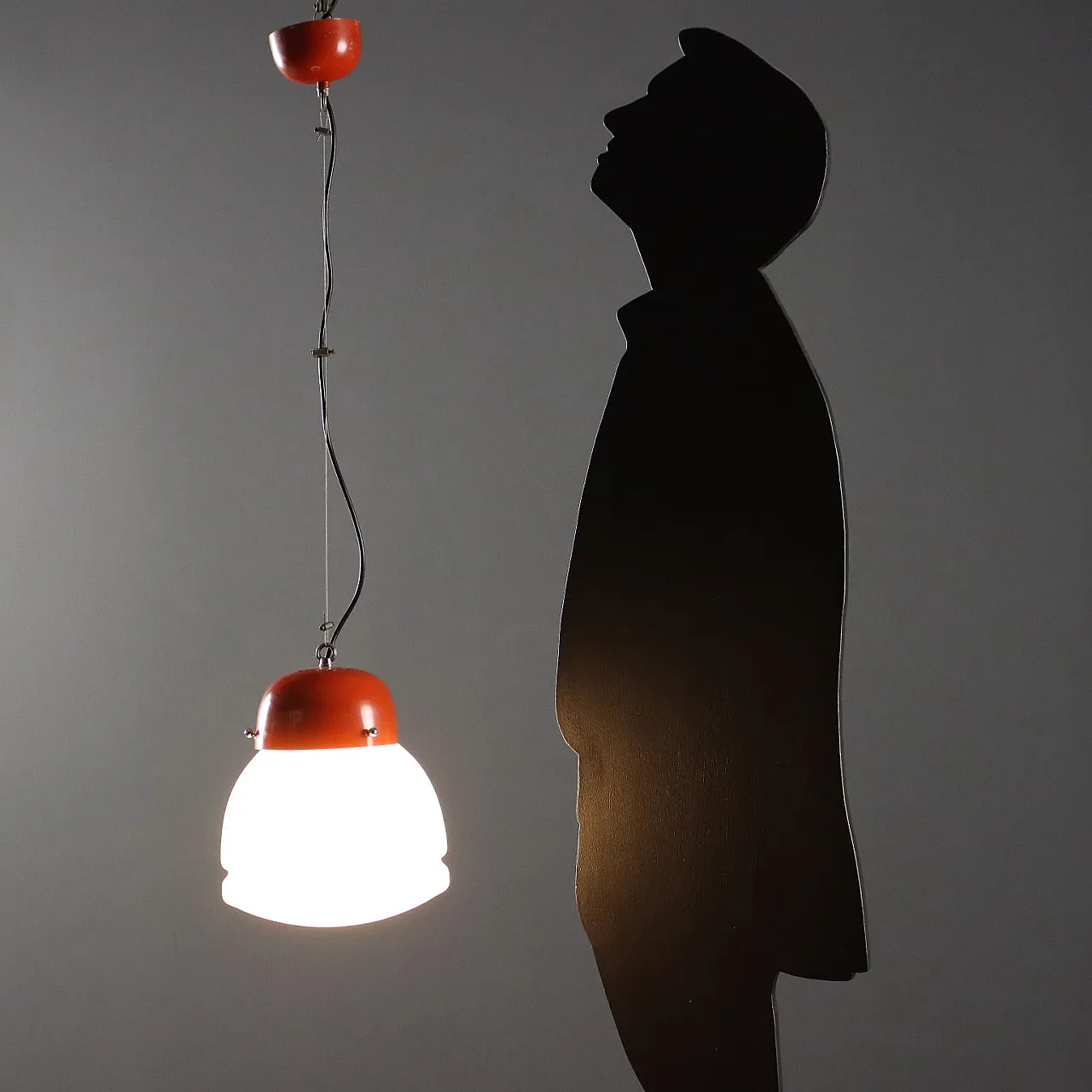 Red enameled aluminum chandelier and glass diffuser, 20th century 2