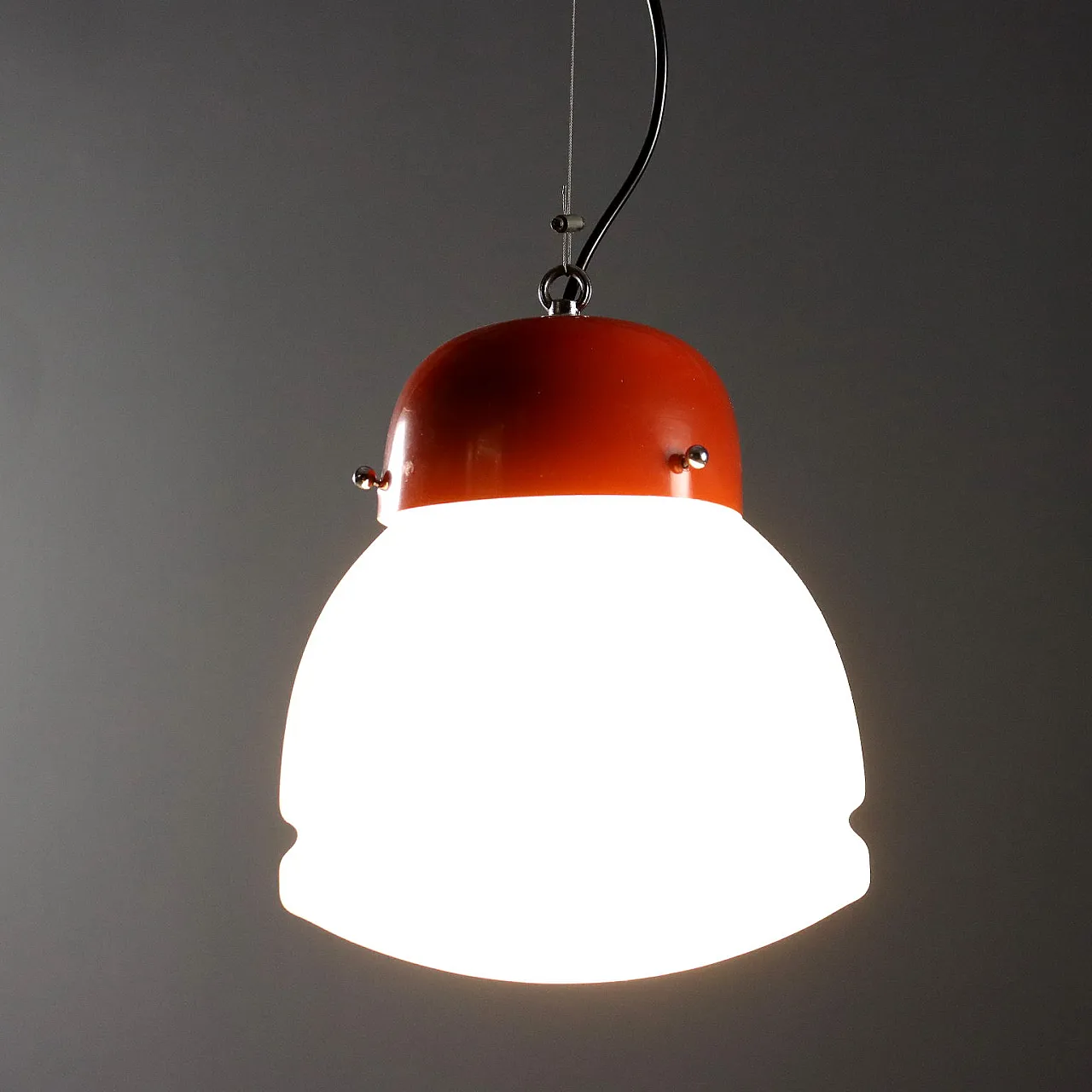 Red enameled aluminum chandelier and glass diffuser, 20th century 3