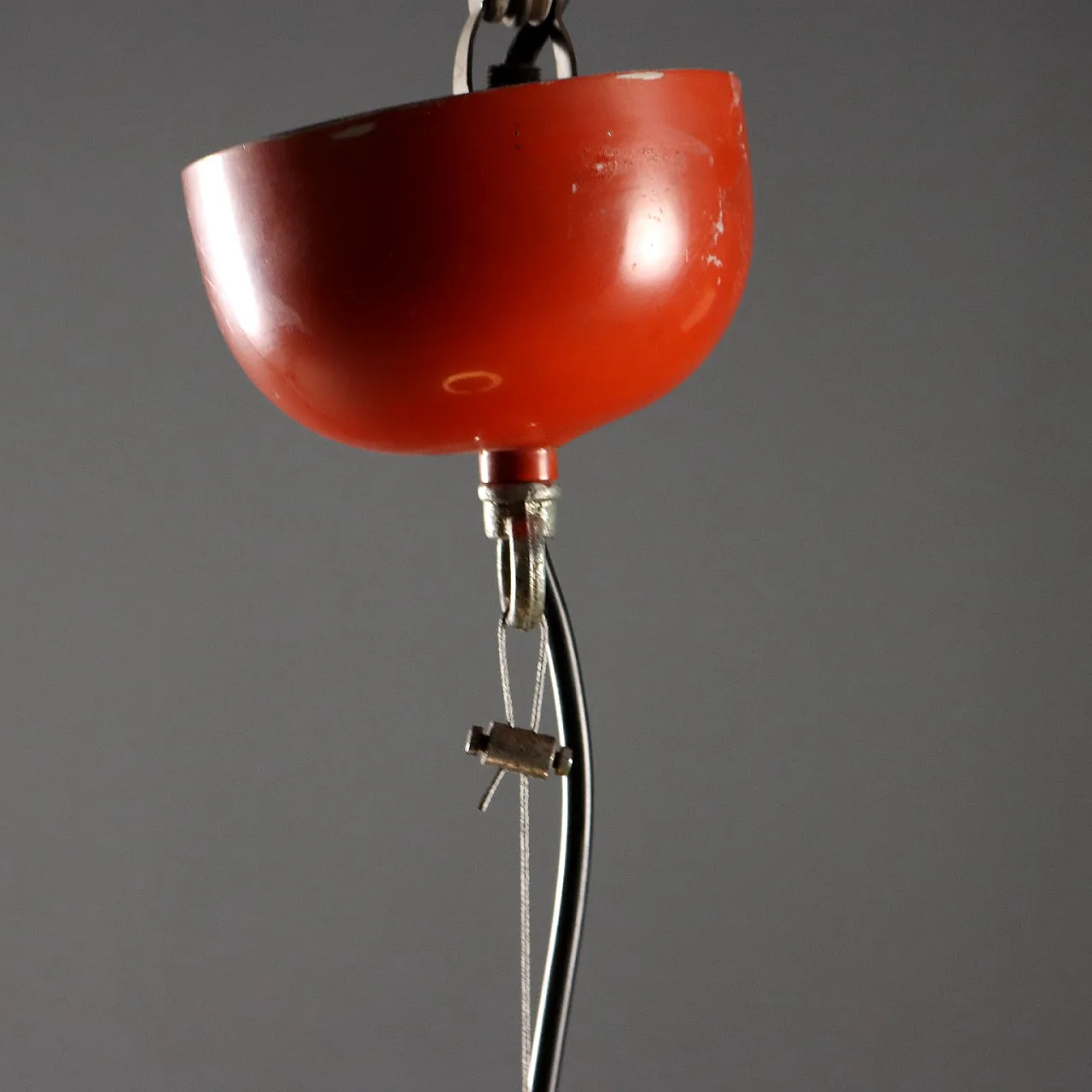 Red enameled aluminum chandelier and glass diffuser, 20th century 4